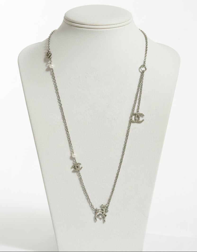 208- Upcycled Silver Deer Pendant with Charm Accents on Silver Necklace
