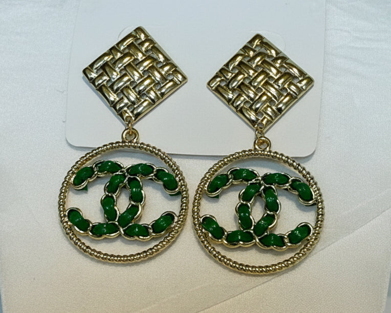 445 - Gold Circle Charm with Green Leather Accent Earrings