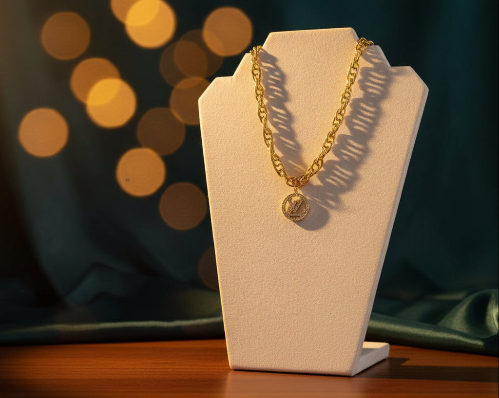 210 - Upcycled Gold Pendant Necklace with Multicolored Rhinestones on a Chunky Chain