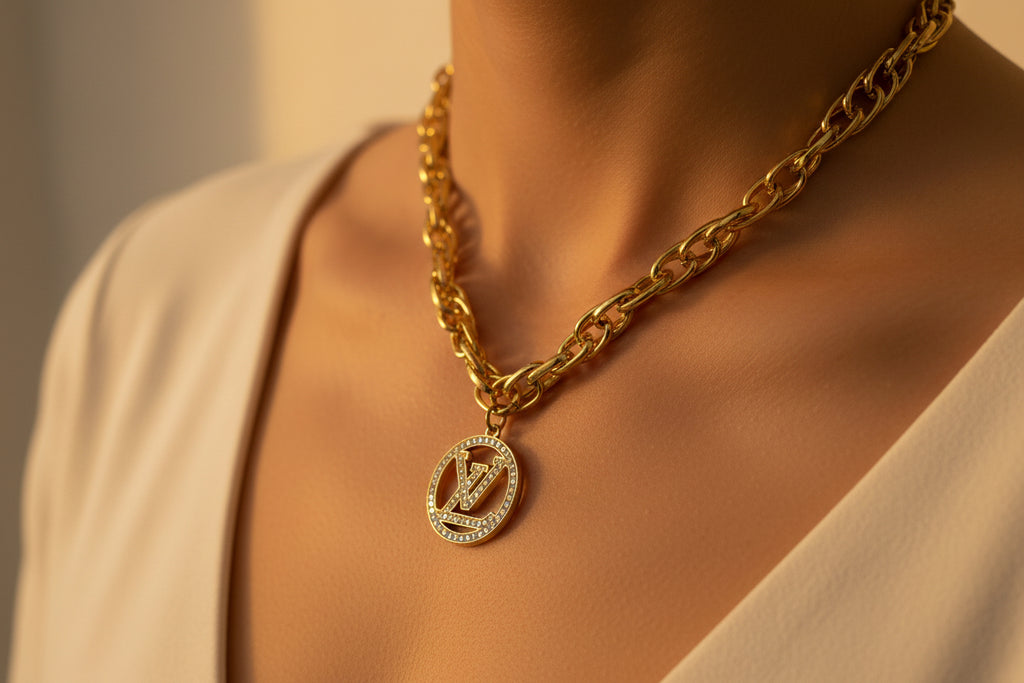 210 - Upcycled Gold Pendant Necklace with Multicolored Rhinestones on a Chunky Chain