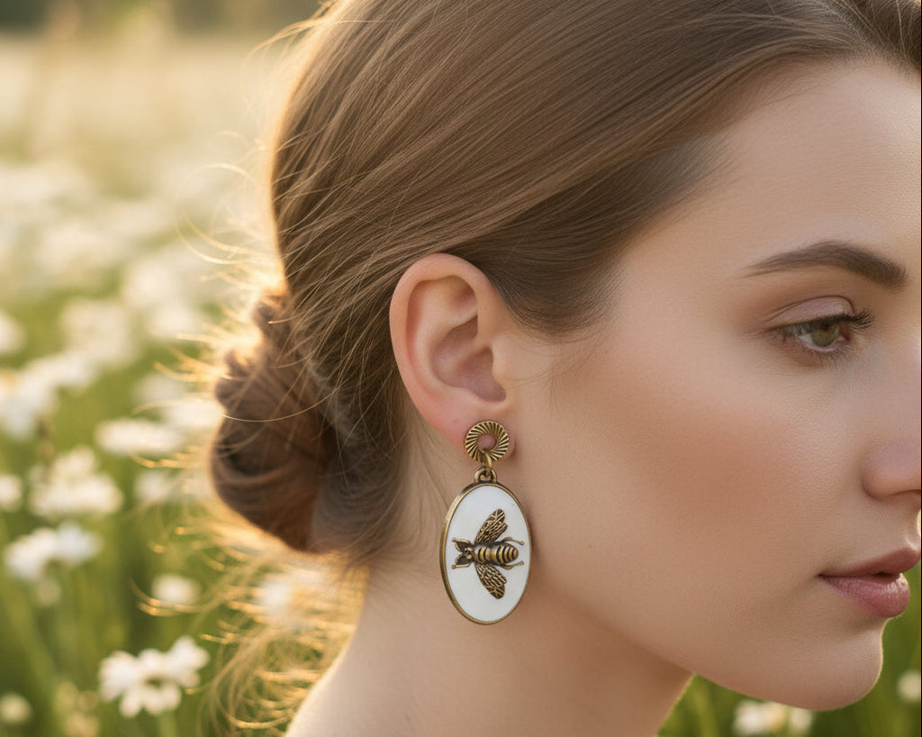 428 - Upcycled White Bee Earrings
