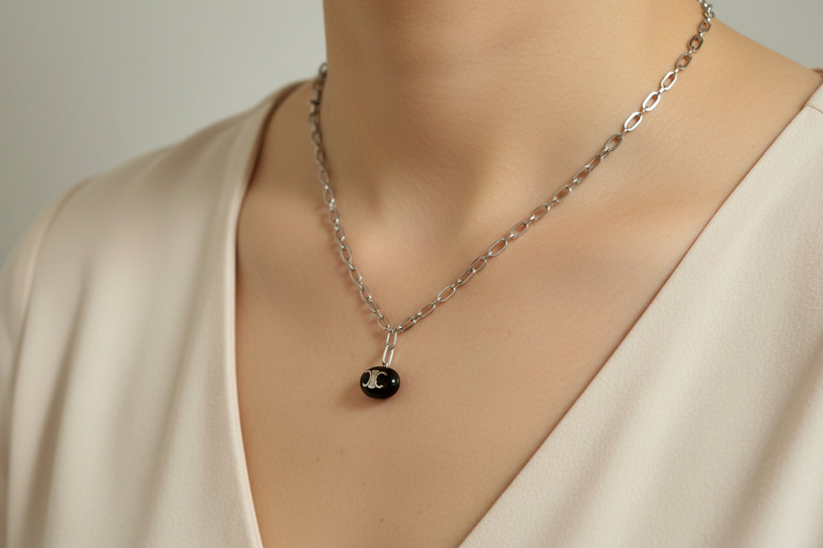 215- Upcycled Silver and Black charm Necklace on a Silver Chain