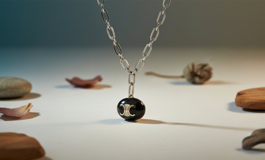 215- Upcycled Silver and Black charm Necklace on a Silver Chain