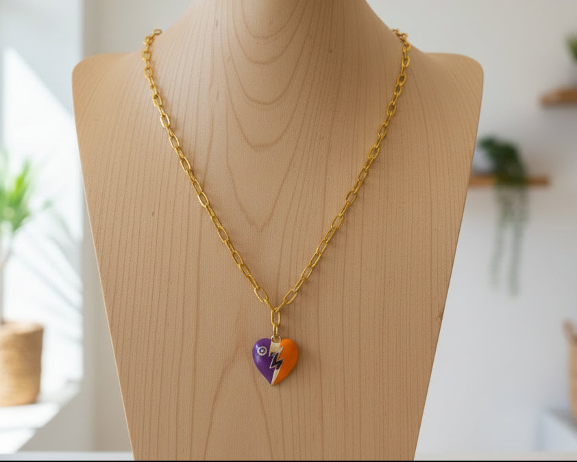 218- Upcycled Orange and Purple Heart Pendant