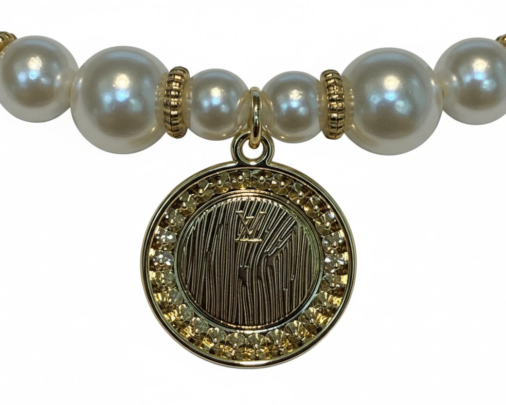 71 - Upcycled Pearl Round Pendant Bracelet with Gold Accents
