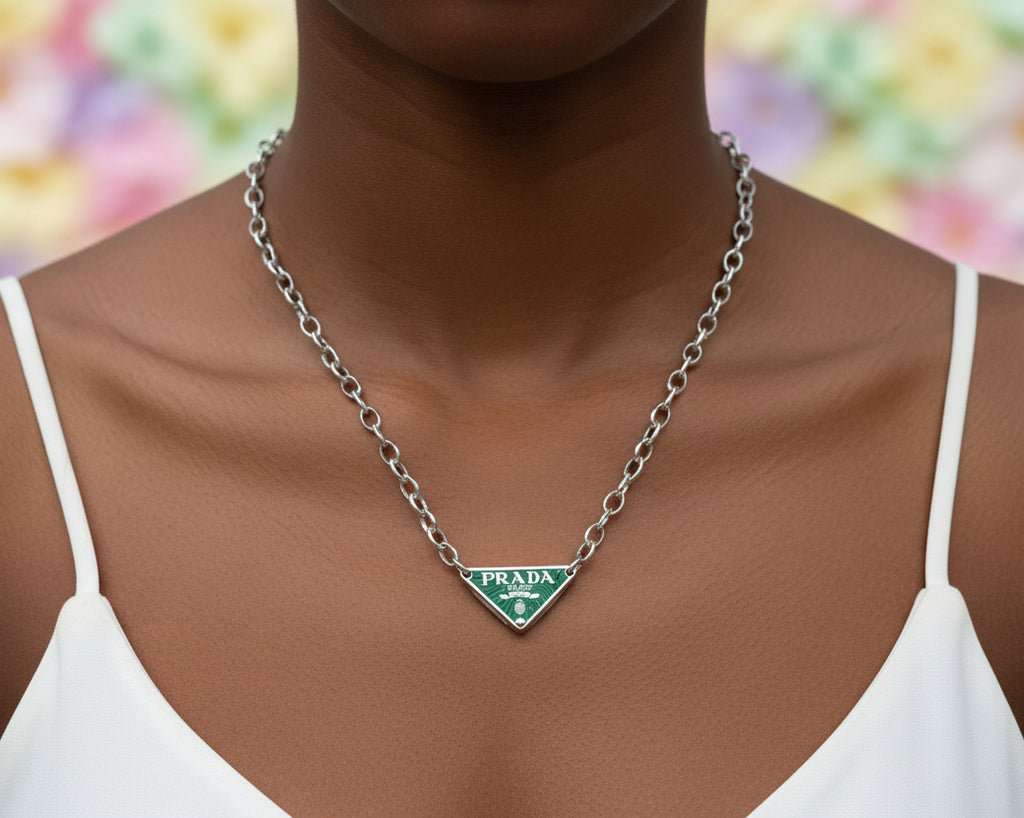 228- Upcycled Green Triangle Pendant Necklace