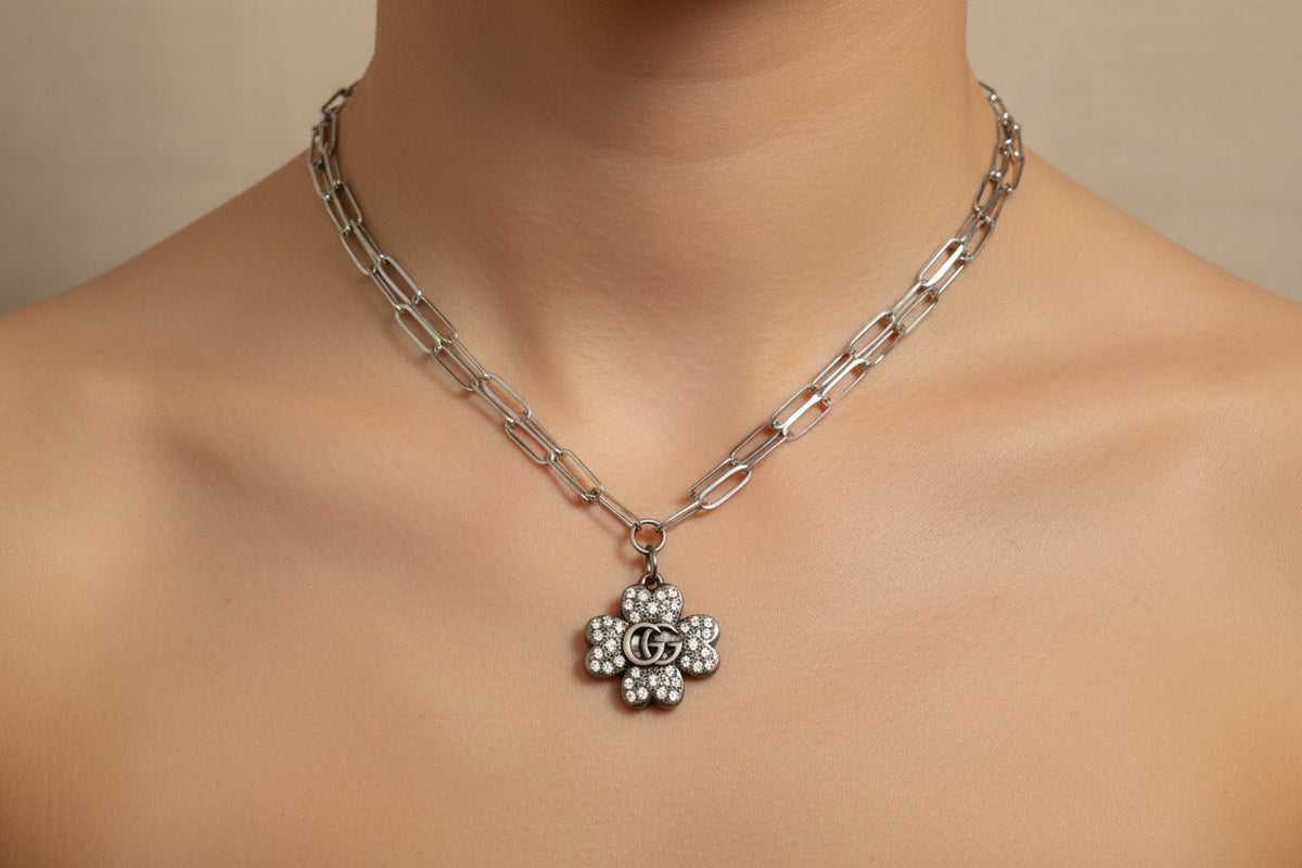 235- Upcycled Silver Clover Pendant Necklace