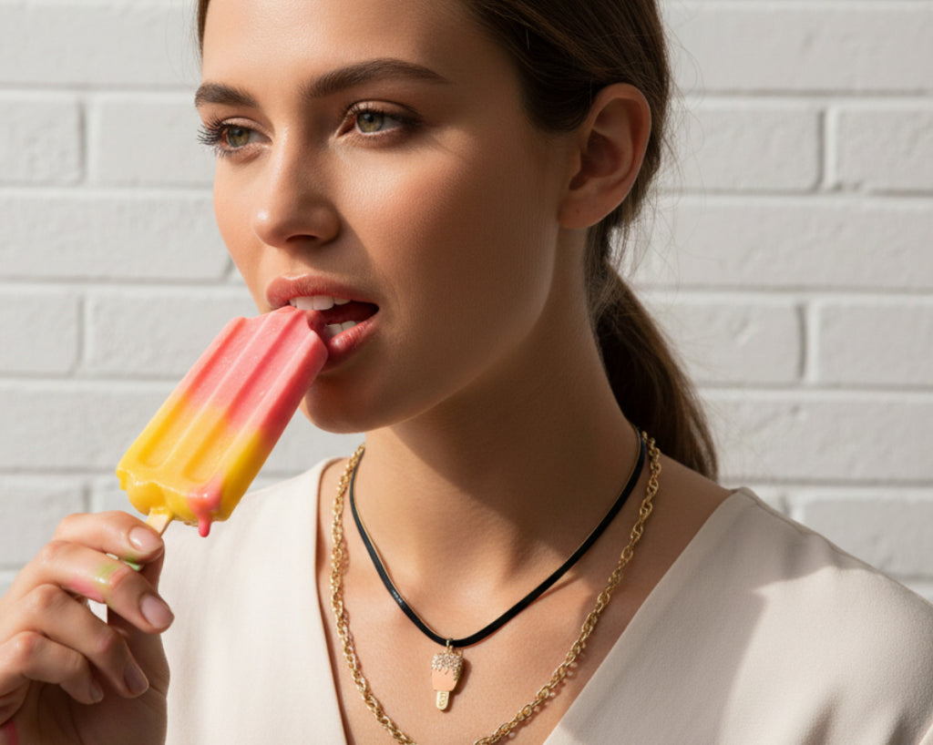 263 - Gold Pink Rhinestone Popsicle Double Chain Necklace