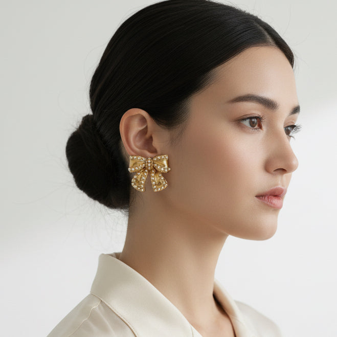 451 - Upcycled Gold Bow Pendant Earrings with Pearl Accents