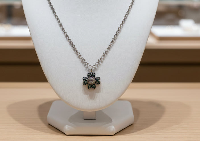 257 - Upcycled Silver Clover Pendant with Green Rhinestones Necklace