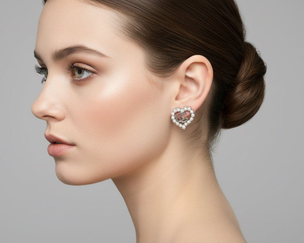 412 -  Silver Pearl Heart Earrings