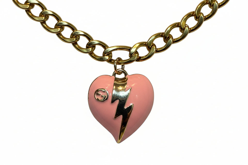 255 - Upcycled Gold Pink Heart with Gold Lightning Necklace