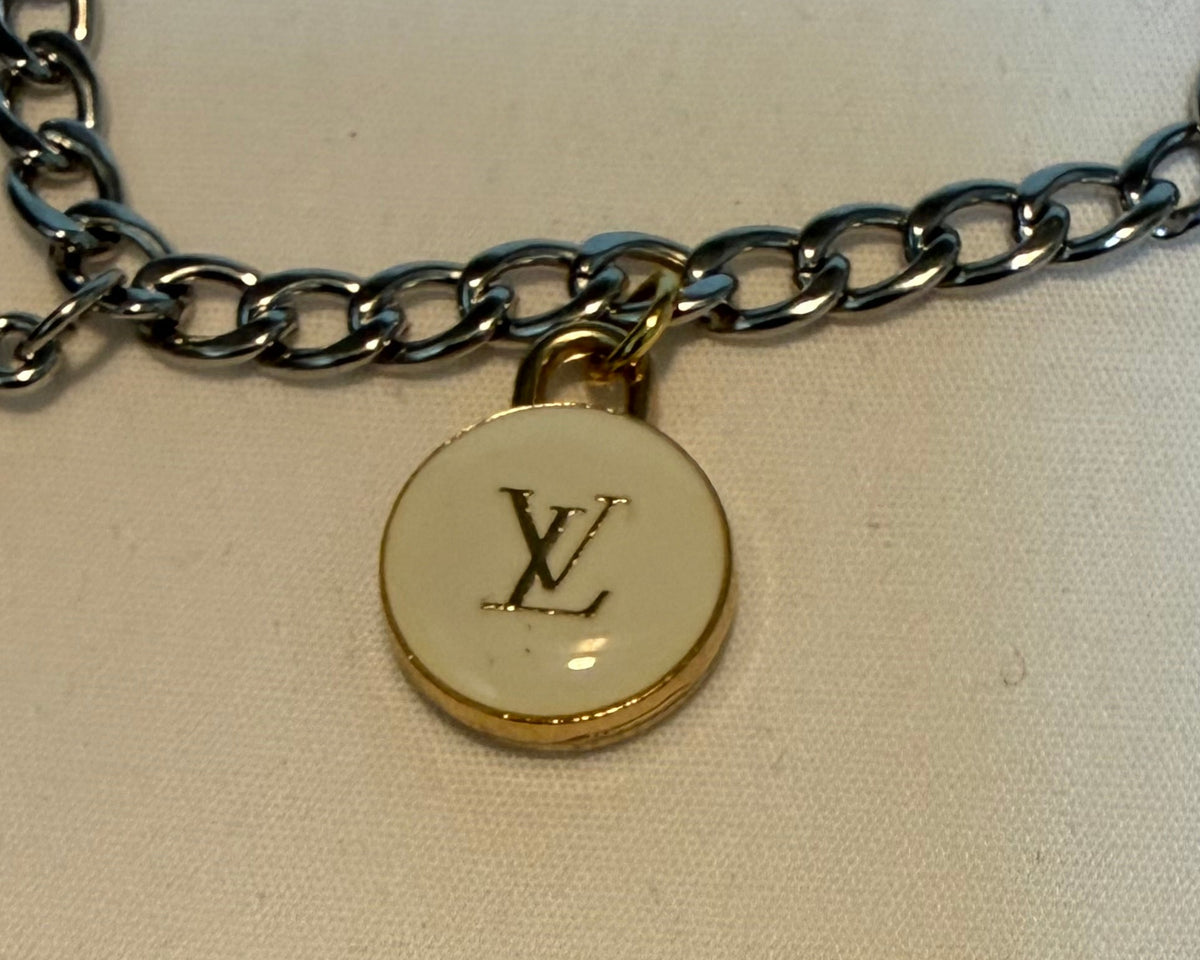 56- Upcycled Silver  charm Bracelet with Gold and Silver Balloon Dog Charms