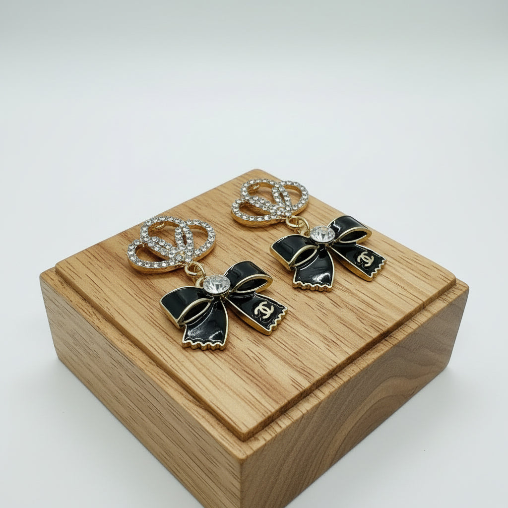 454 - Upcycled Gold Black Bow Pendant Earrings with Clear Rhinestones
