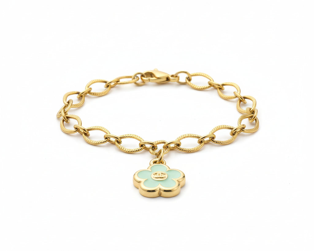 3- Upcycled Teal Flower Pendant Bracelet