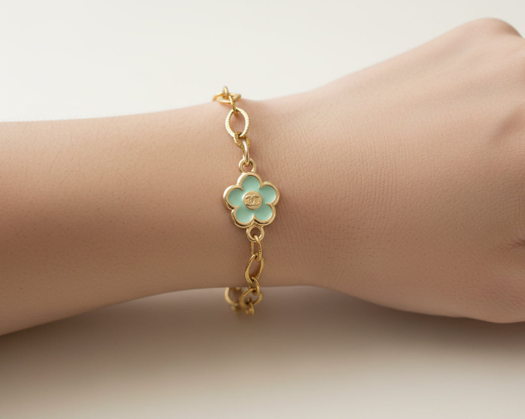 3- Upcycled Teal Flower Pendant Bracelet