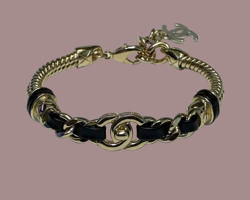 35- Gold and Black Faux Leather Bracelet