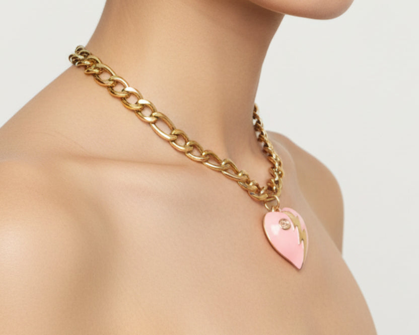 255 - Upcycled Gold Pink Heart with Gold Lightning Necklace