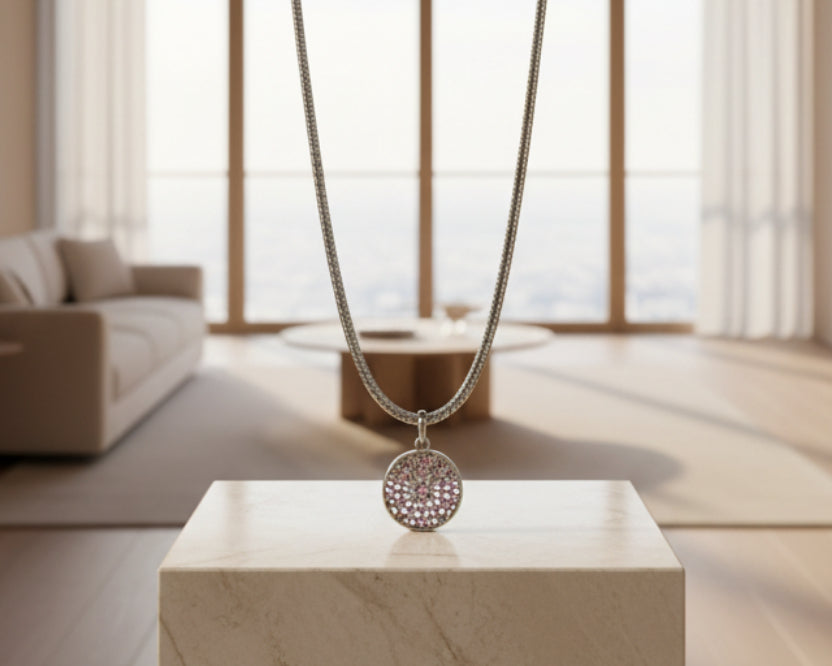 265 - Upcycled Silver Purple Rhinestone Circle Pendant Necklace
