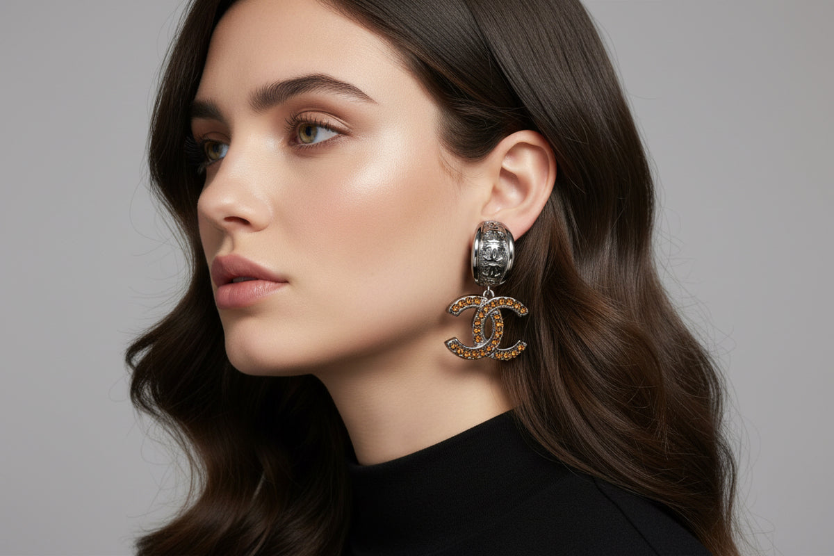 459 - Upcycled Silver Earrings with Yellow Rhinestones