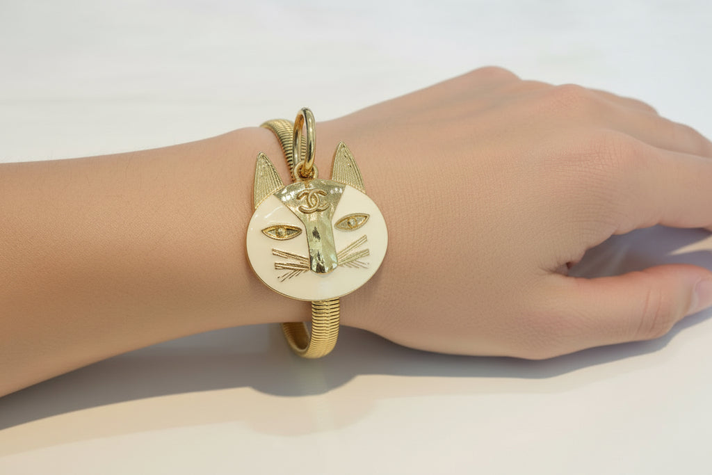 88 - Upcycled Gold White Cat Pendant Bracelet