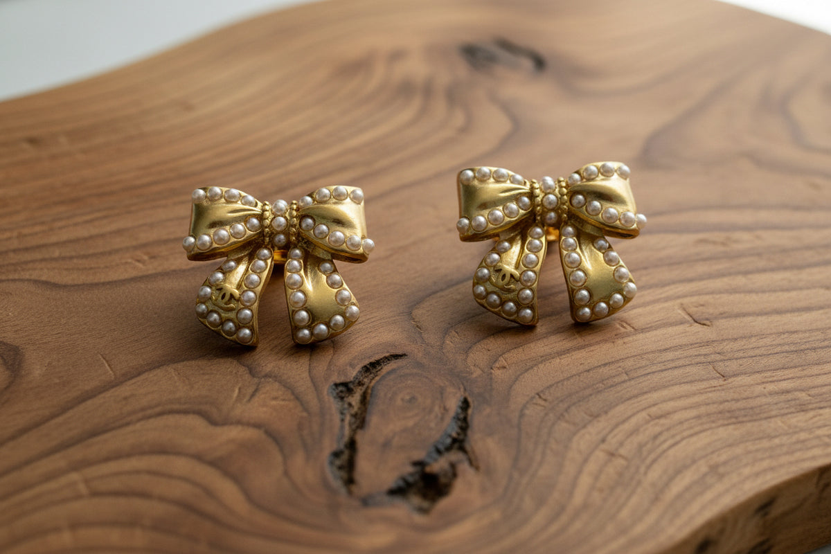 451 - Upcycled Gold Bow Pendant Earrings with Pearl Accents