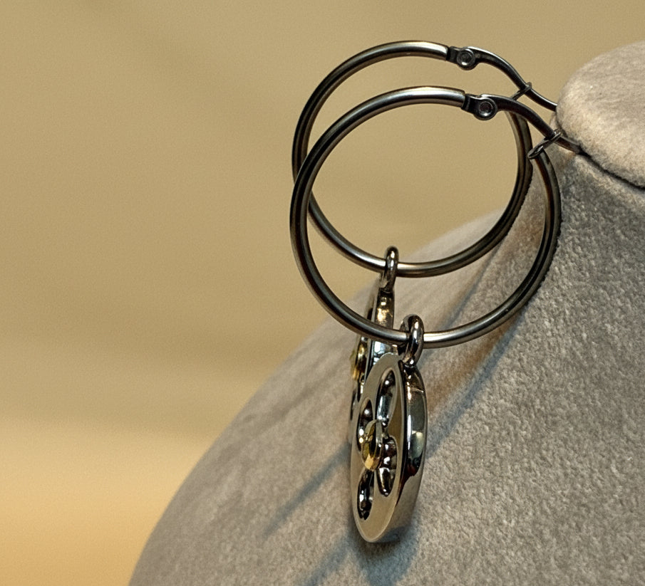483 - Upcycled Silver Flower Pendant Hoop Earrings with Dangle