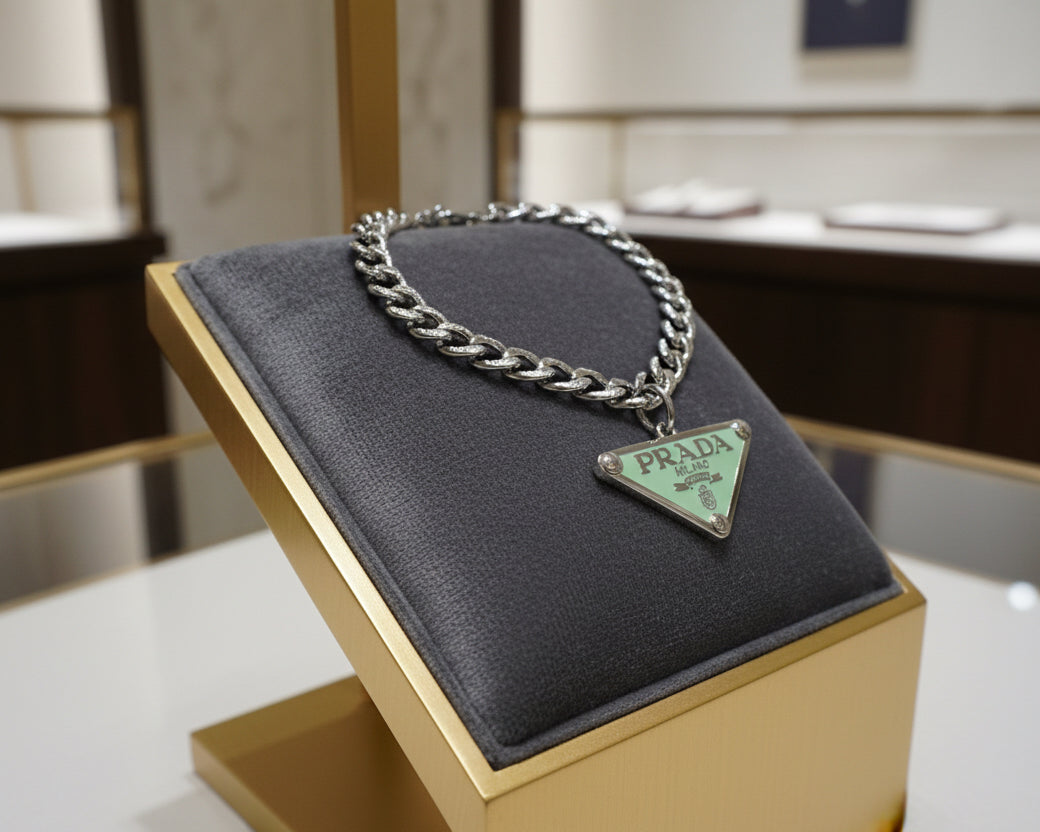 77 - Upcycled Silver Mint Green Triangle Pendant Bracelet
