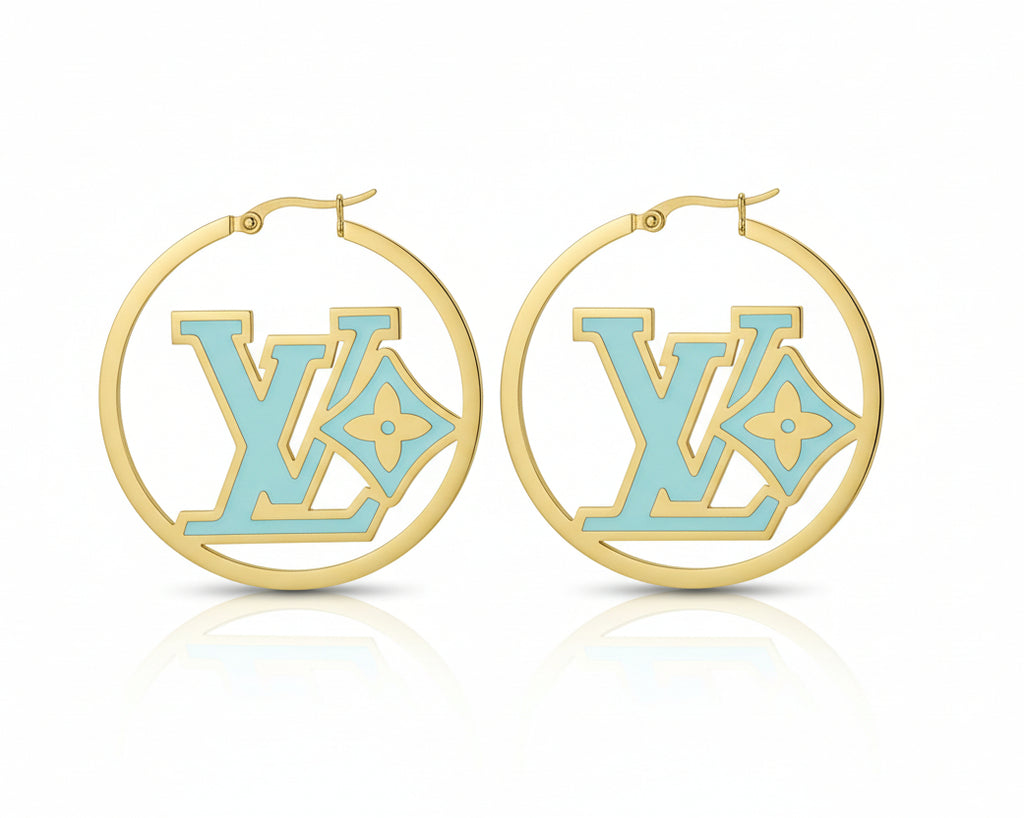 407- Upcycled Gold Hoop Earrings with Blue Center