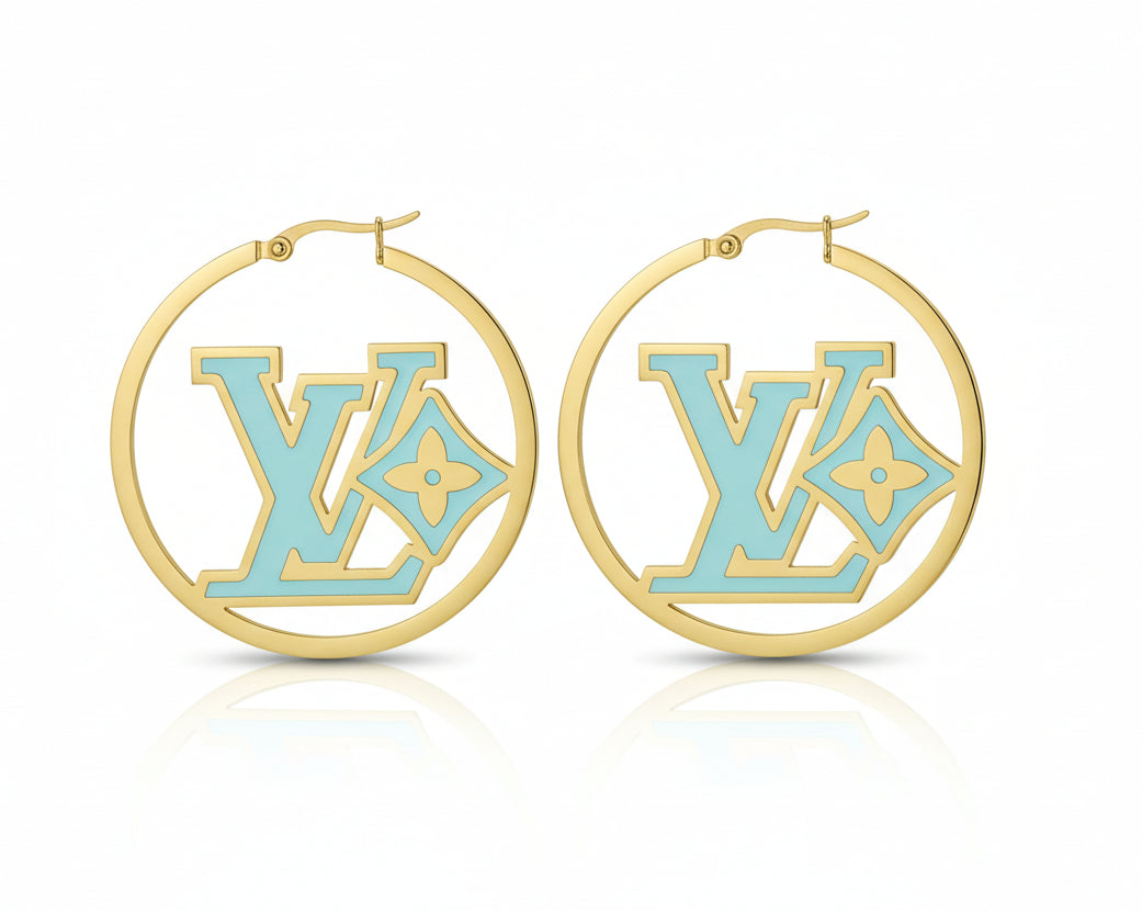 407- Upcycled Gold Hoop Earrings with Blue Center