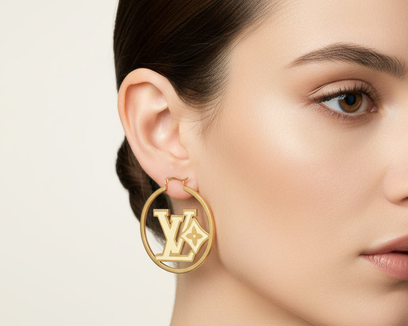 408- Upcycled Gold Hoop Earrings with Cream Center