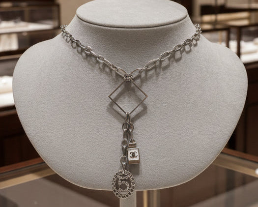 251- Silver Perfume Bottle and #5 Charm Necklace