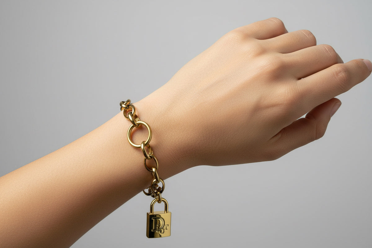 69 - Upcycled Gold Lock Pendant Bracelet
