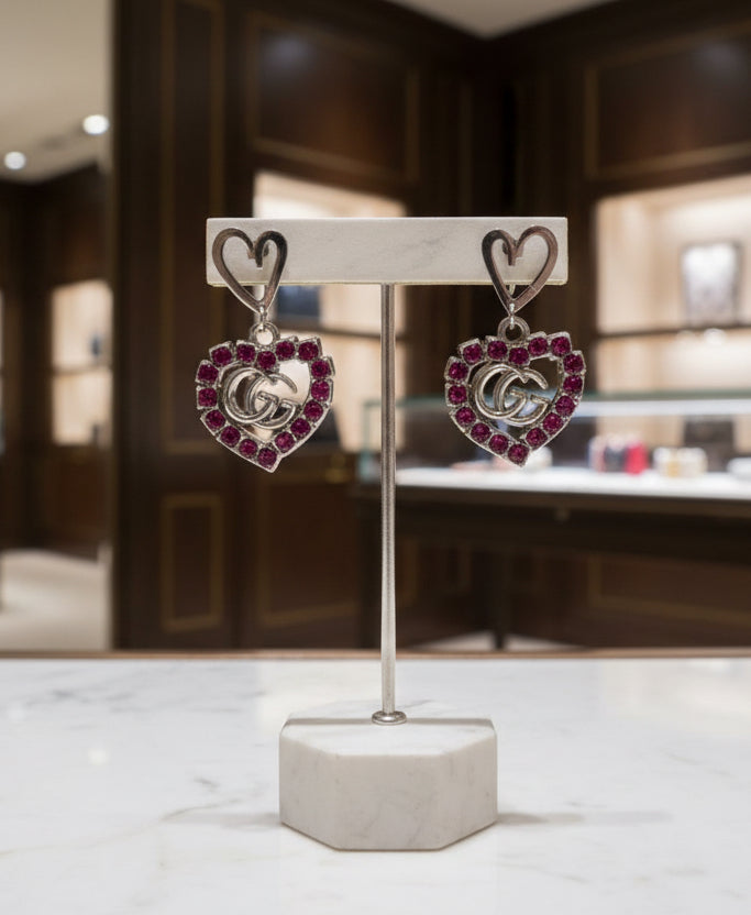452 - Upcycled Silver Heart Pendant Earrings with Red Rhinestones