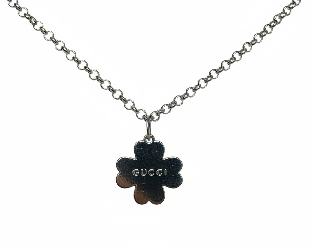 257 - Upcycled Silver Clover Pendant with Green Rhinestones Necklace