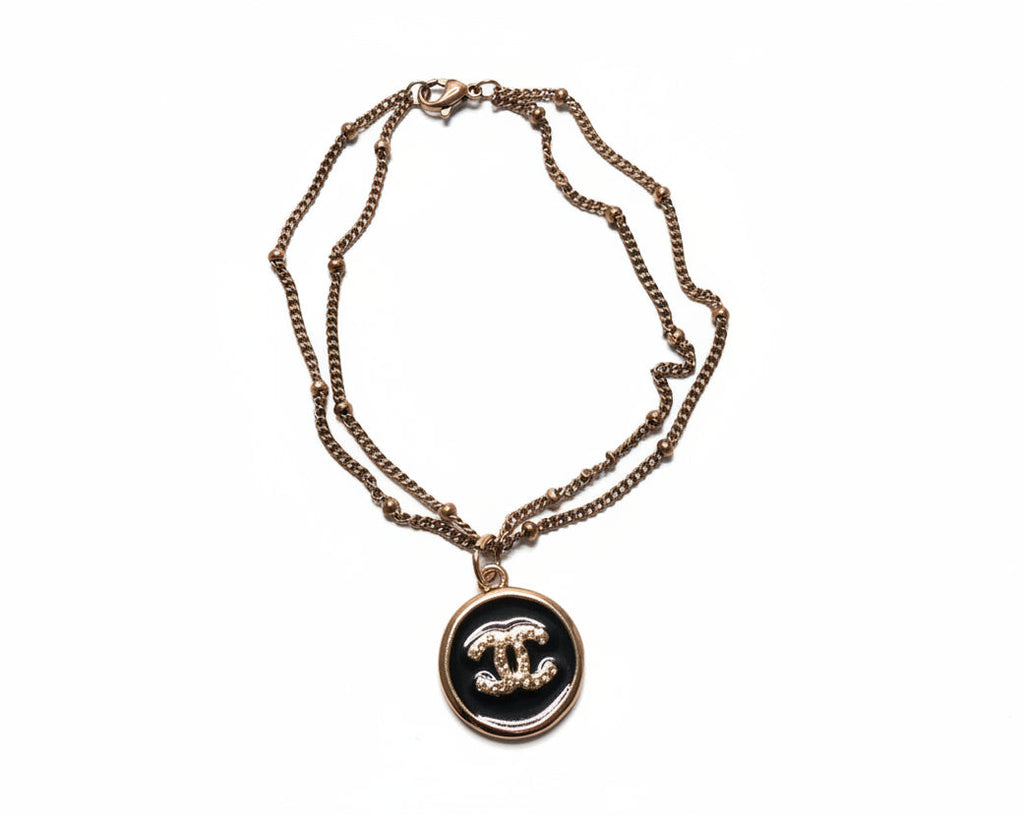 94 - Upcycled Rose Gold Round Black Pendant Bracelet