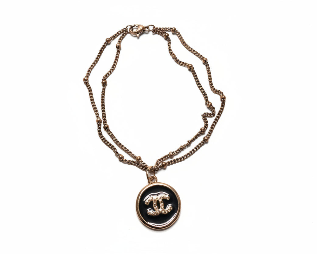 94 - Upcycled Rose Gold Round Black Pendant Bracelet