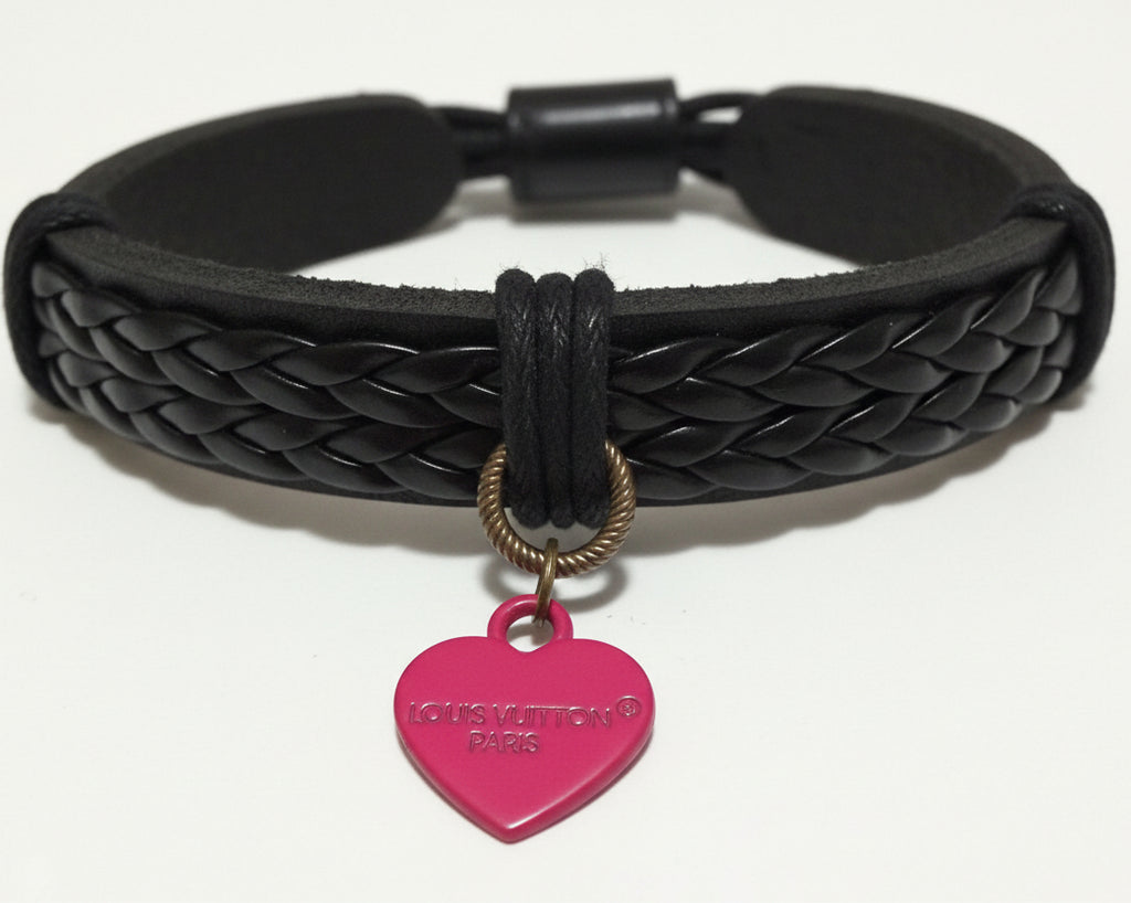 44- Upcycled Pink Heart Black Faux Leather Bracelet
