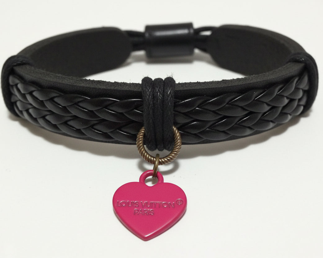 44- Upcycled Pink Heart Black Faux Leather Bracelet