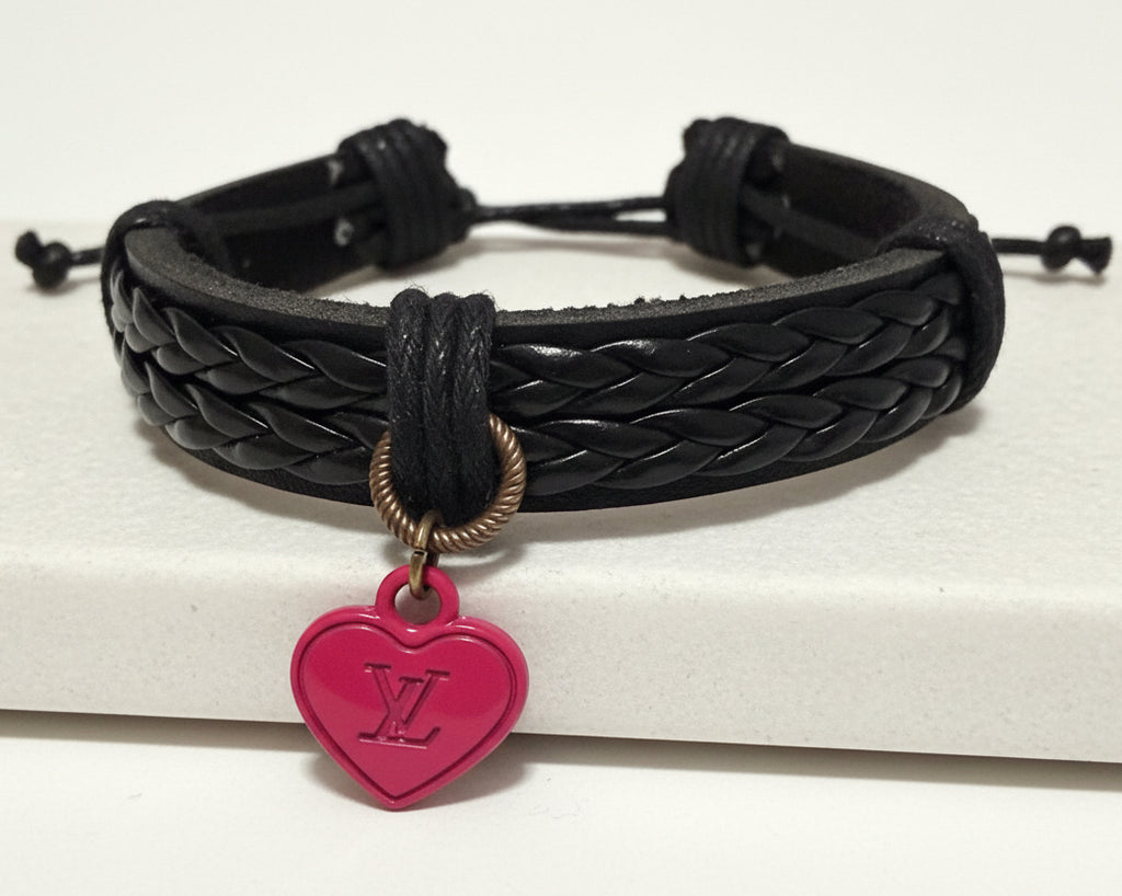 44- Upcycled Pink Heart Black Faux Leather Bracelet
