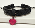 44- Upcycled Pink Heart Black Faux Leather Bracelet