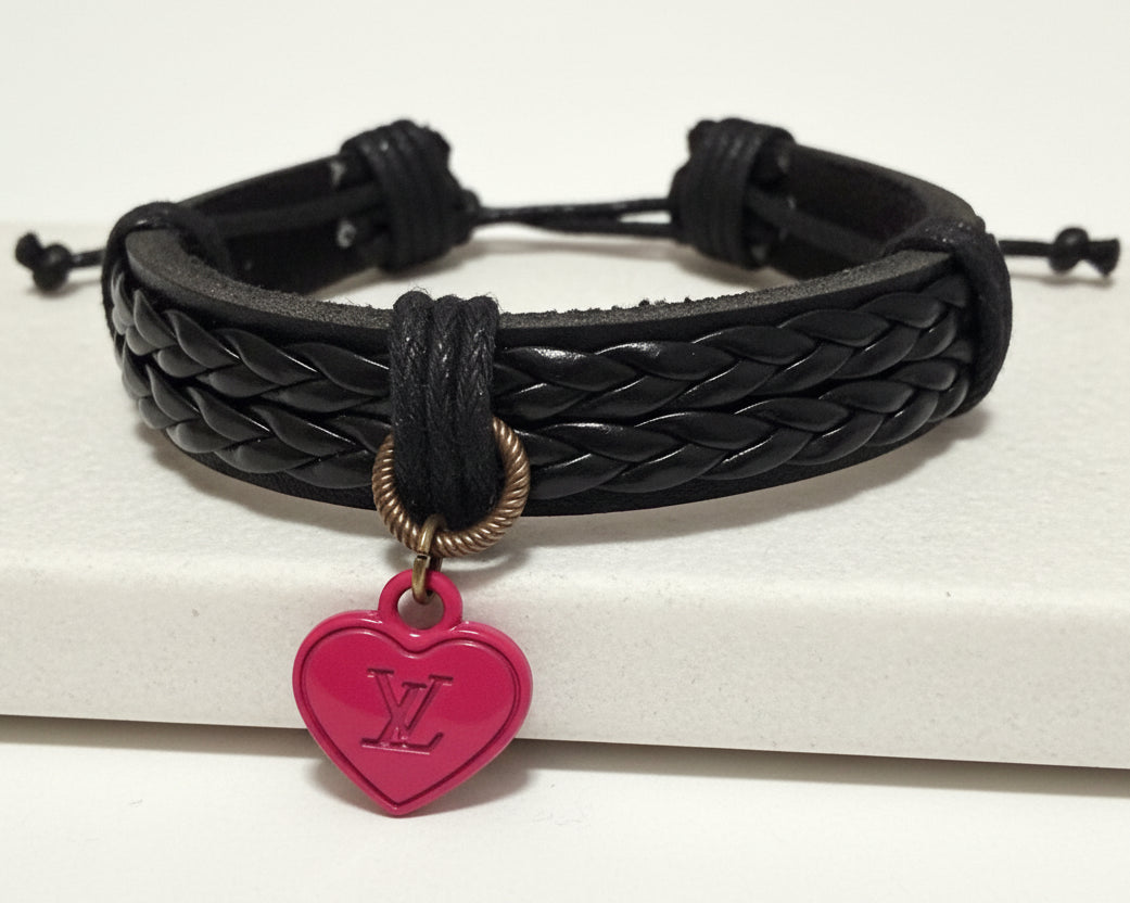 44- Upcycled Pink Heart Black Faux Leather Bracelet