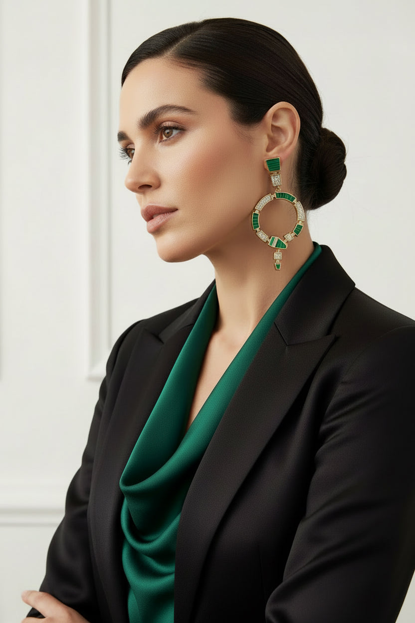 482 - Gold Earrings with Green and Clear Rhinestone Accents