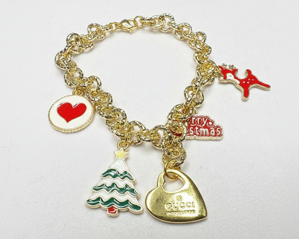 45- Upcycled Double Sided Gold Heart Pendant Christmas Bracelet