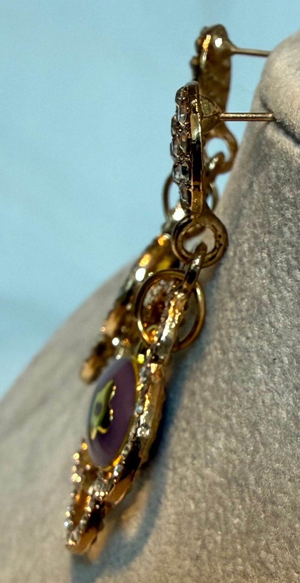 480 - Upcycled Gold Purple Flower Skittle Earrings with Clear Rhinestones