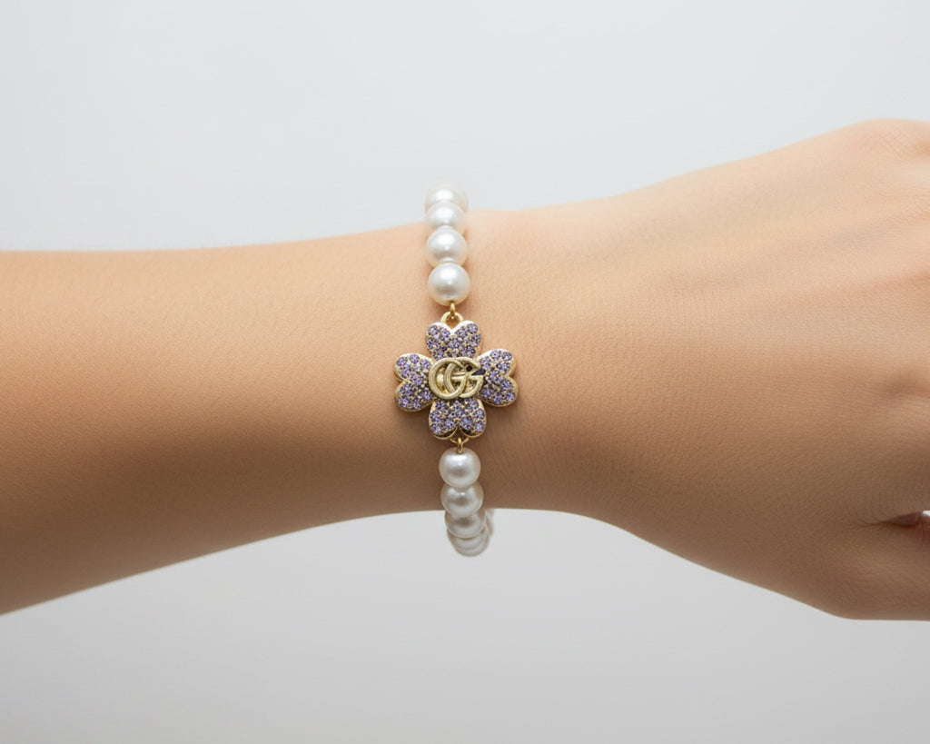 59- Upcycled Clover Bracelet with Purple Rhinestones