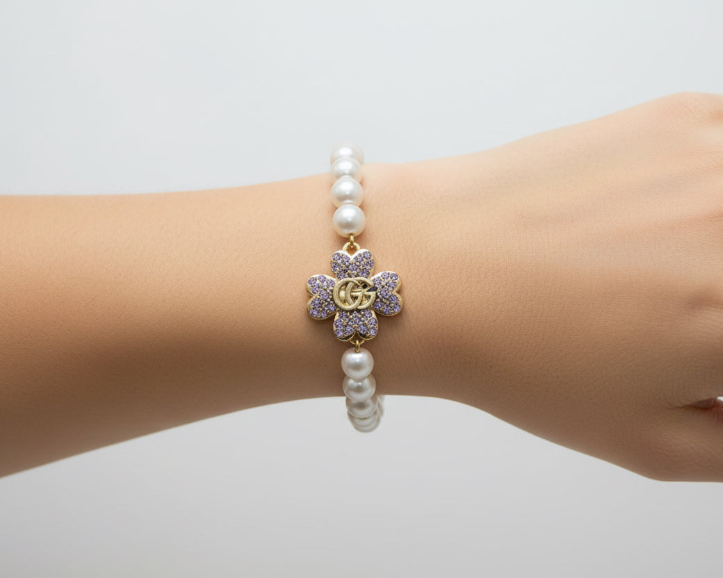 59- Upcycled Clover Bracelet with Purple Rhinestones