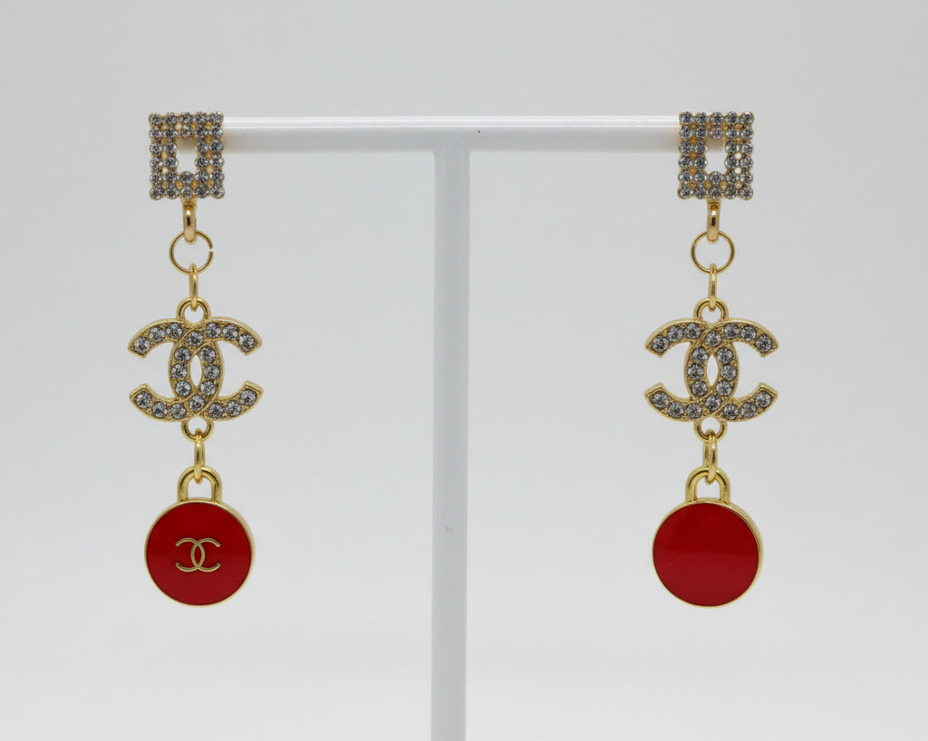 423 - Upcycled Gold Earrings with Clear Rhinestones and Pink Skittles