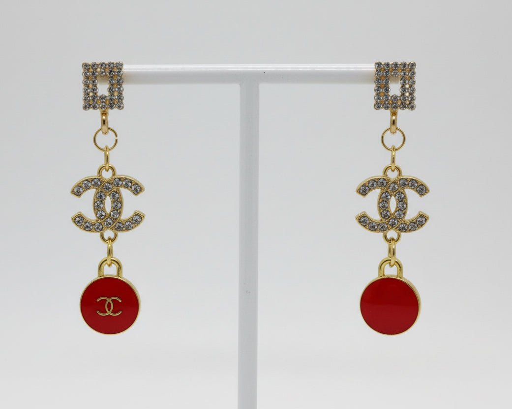 423 - Upcycled Gold Earrings with Clear Rhinestones and Pink Skittles