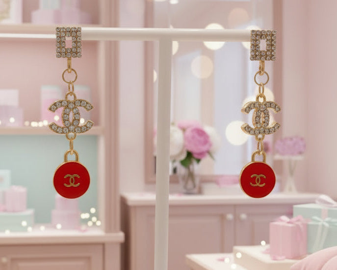 423 - Upcycled Gold Earrings with Clear Rhinestones and Pink Skittles